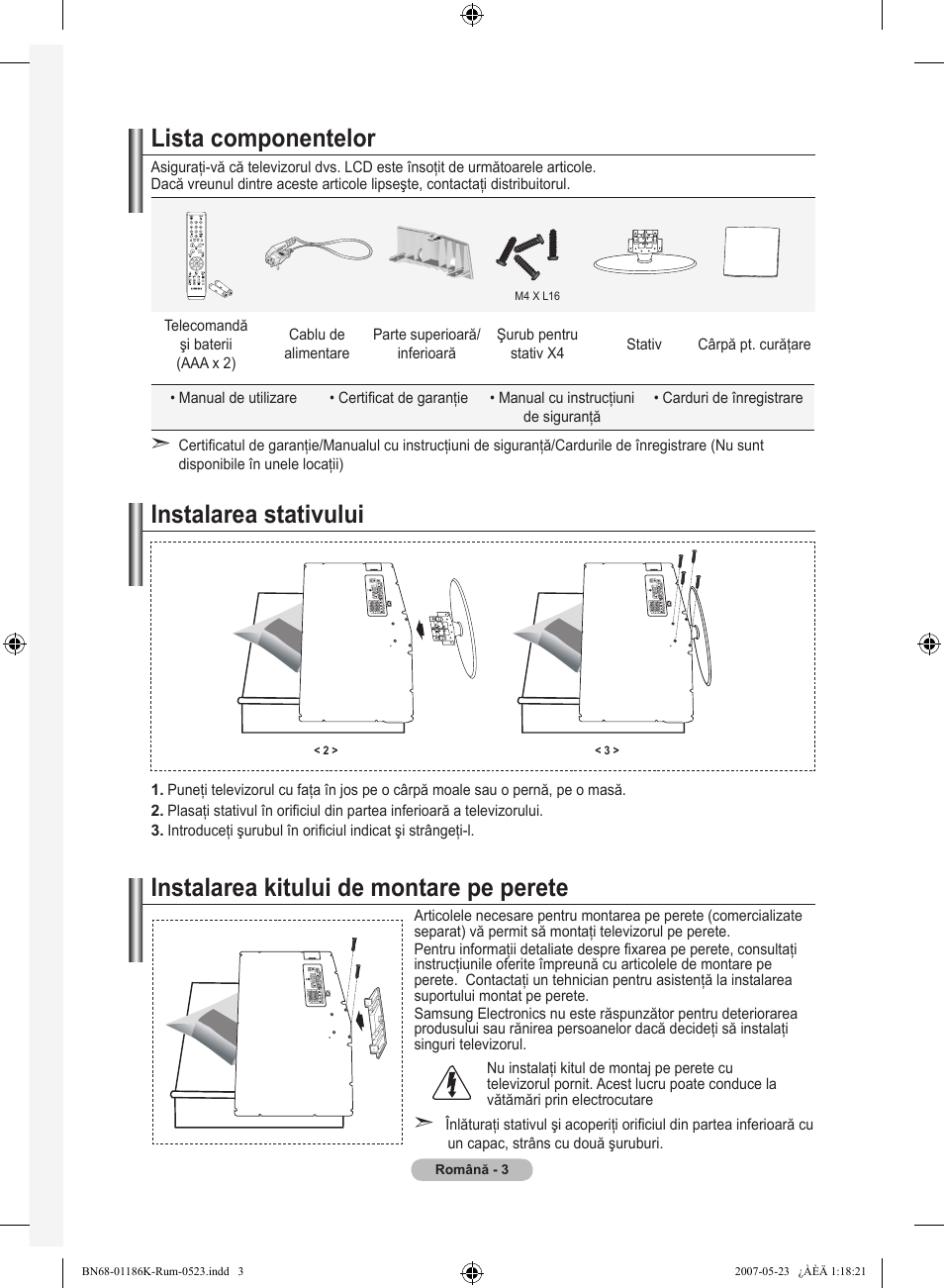 Lista componentelor, Instalarea stativului, Instalarea kitului de montare pe perete | Samsung LE32M87BD User Manual | Page 485 / 543