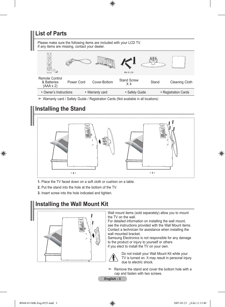 Connecting and preparing your tv, List of parts, Installing the stand | Installing the wall mount kit | Samsung LE32M87BD User Manual | Page 5 / 543