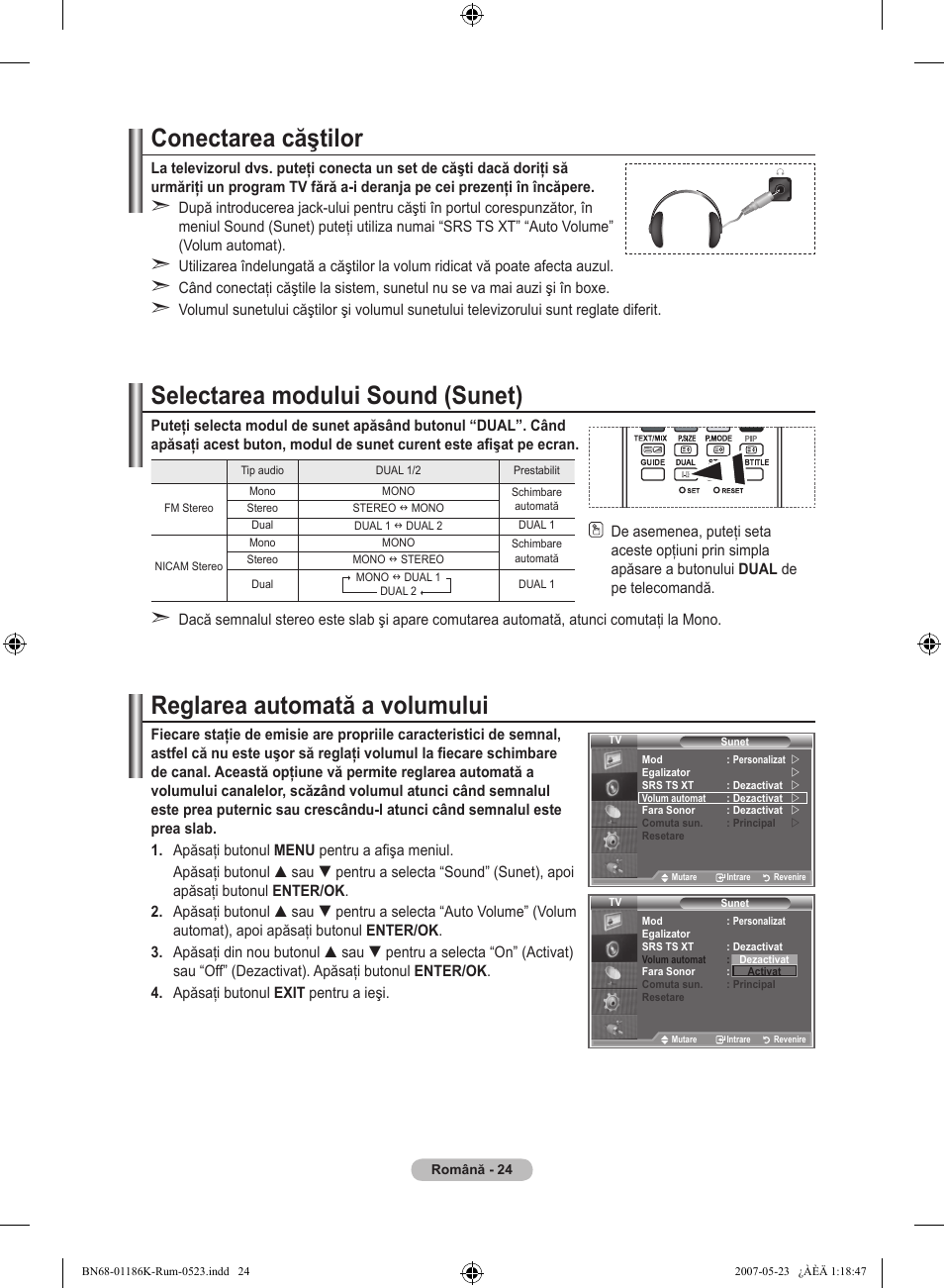 Conectarea căştilor, Selectarea modului sound (sunet), Reglarea automată a volumului | Samsung LE32M87BD User Manual | Page 506 / 543