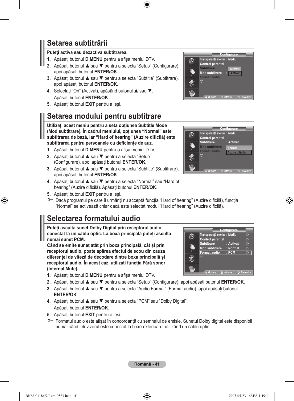 Setarea subtitrării, Setarea modului pentru subtitrare, Selectarea formatului audio | Samsung LE32M87BD User Manual | Page 523 / 543