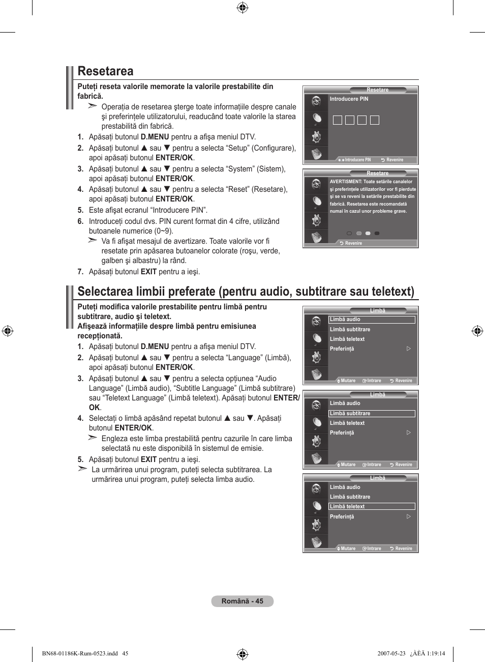 Resetarea | Samsung LE32M87BD User Manual | Page 527 / 543