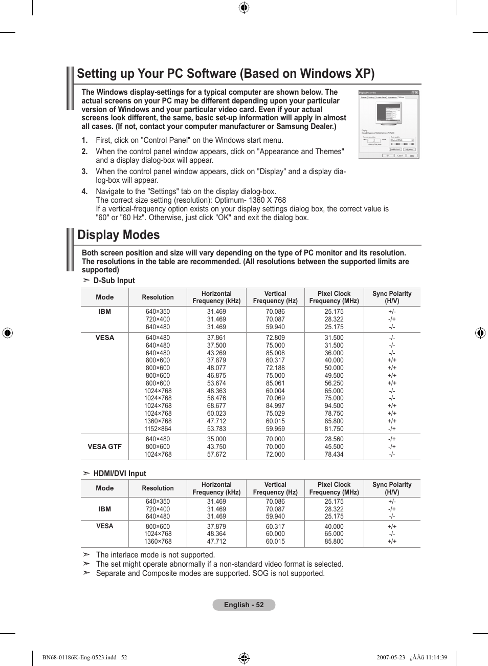 Setting the pc, Setting up your pc software (based on windows xp), Display modes | Samsung LE32M87BD User Manual | Page 54 / 543