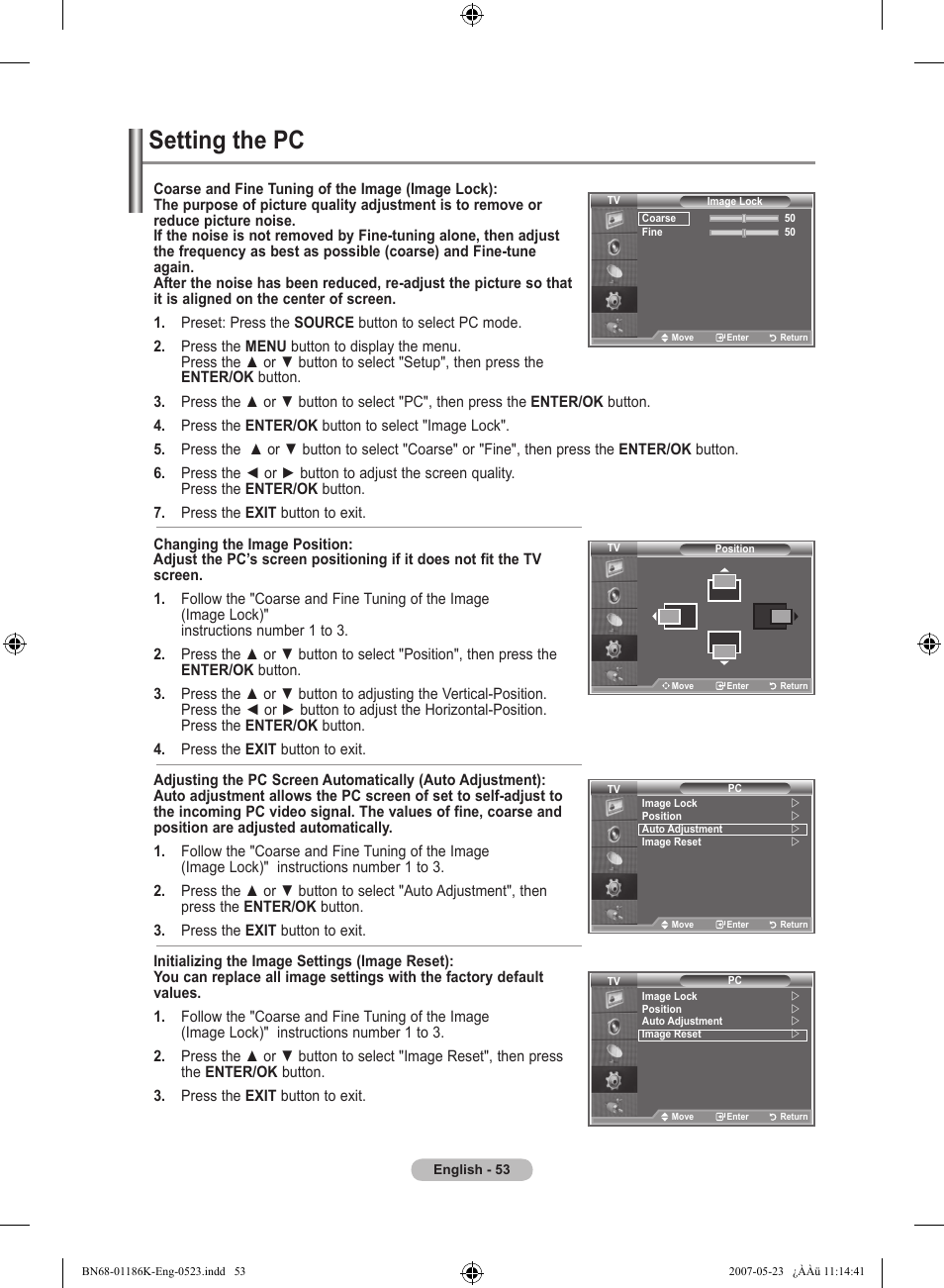 Setting the pc | Samsung LE32M87BD User Manual | Page 55 / 543