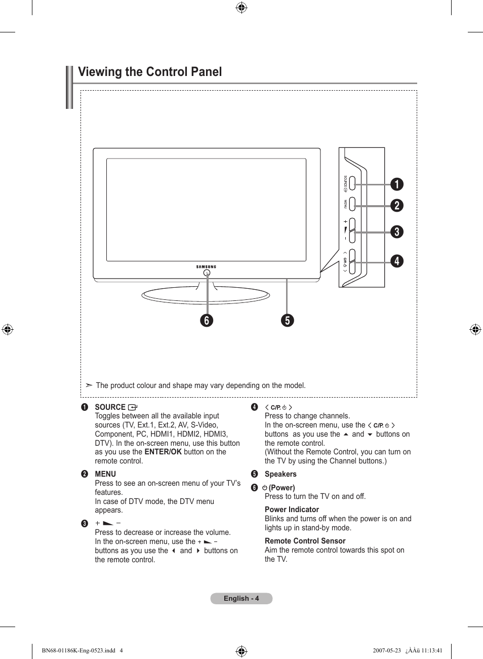 Viewing the control panel | Samsung LE32M87BD User Manual | Page 6 / 543