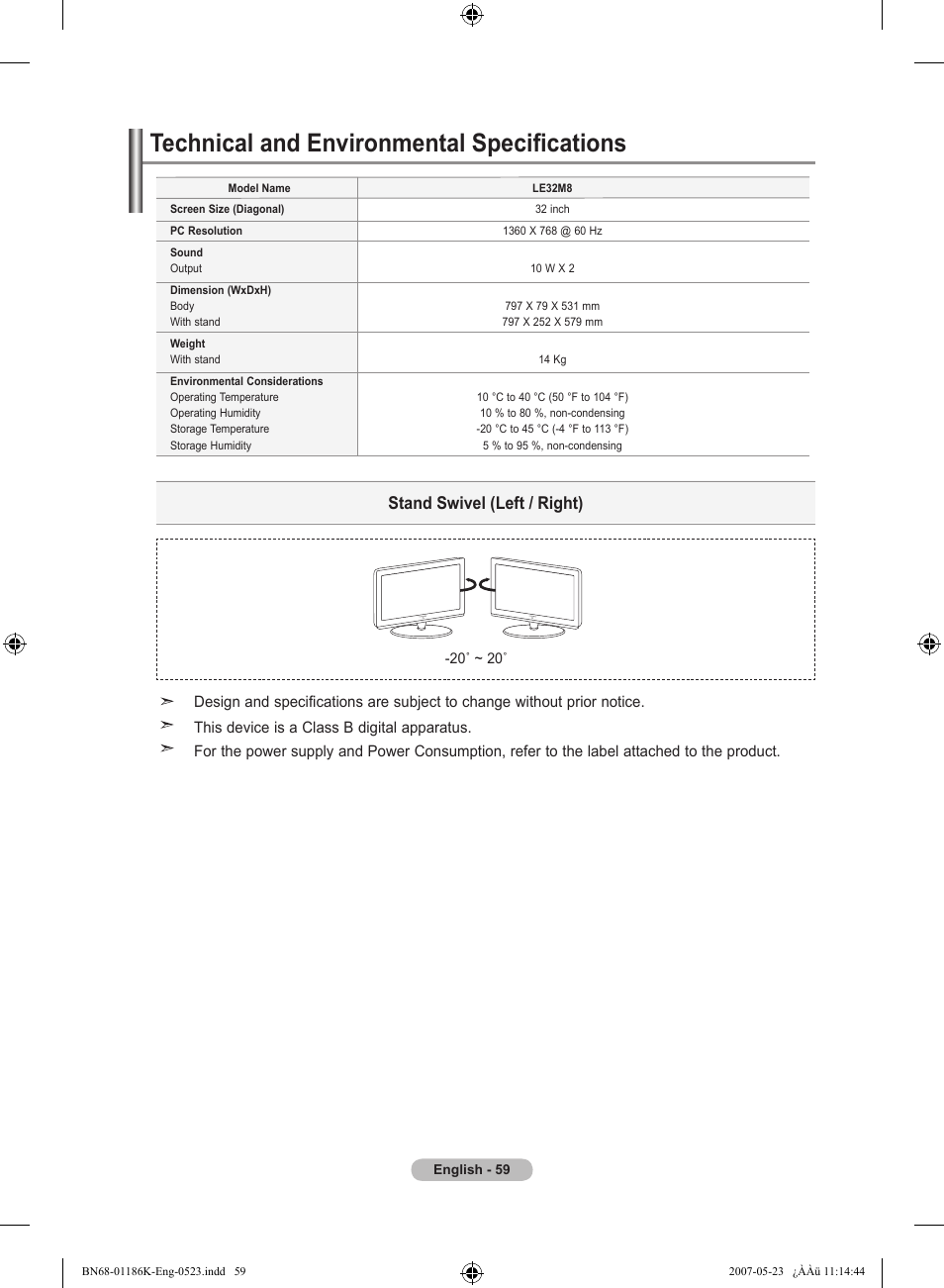 Technical and environmental specifications, Stand swivel (left / right) | Samsung LE32M87BD User Manual | Page 61 / 543