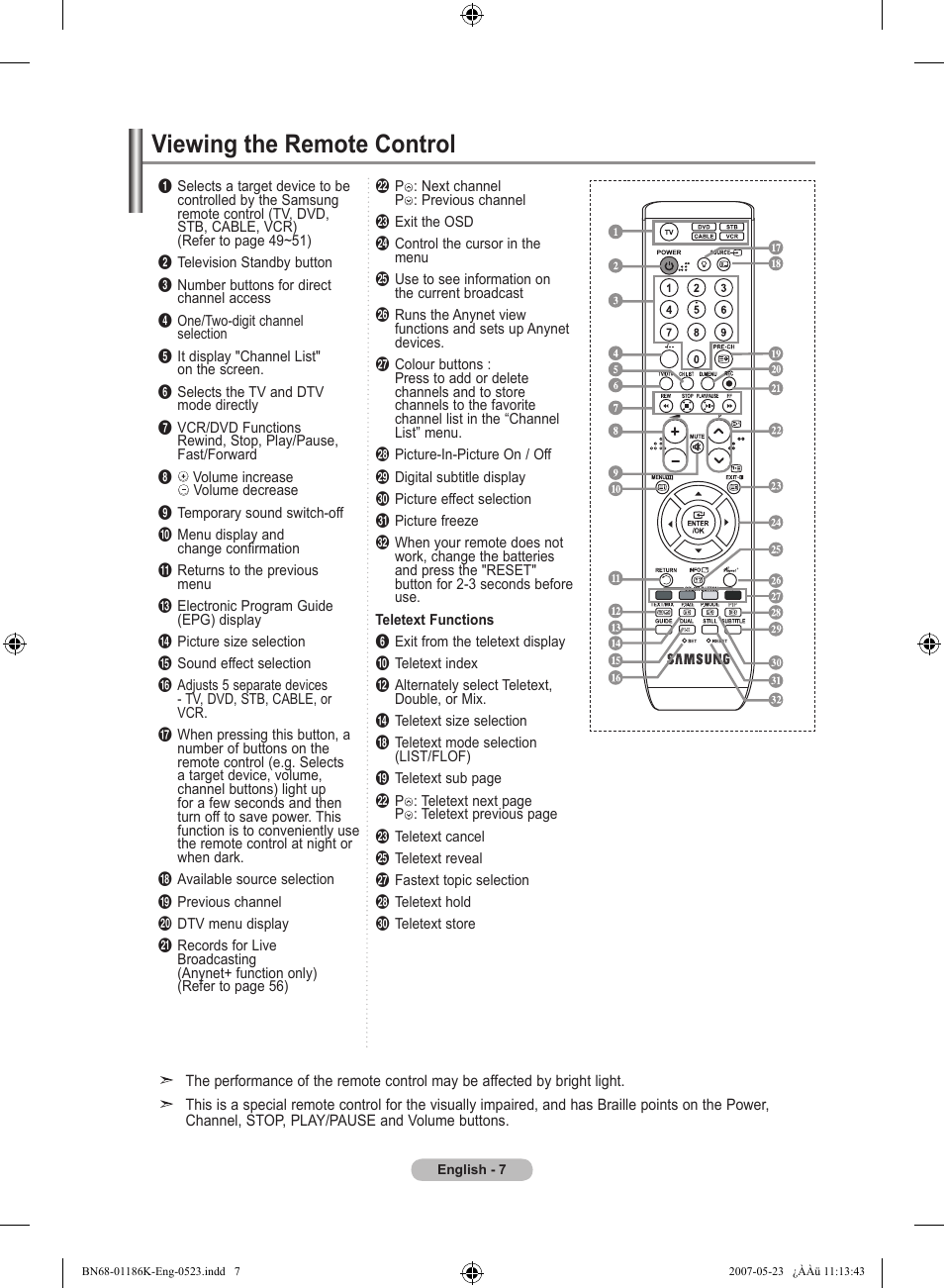 Viewing the remote control | Samsung LE32M87BD User Manual | Page 9 / 543