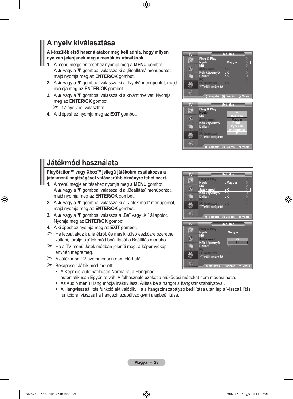 A nyelv kiválasztása, Játékmód használata | Samsung LE32M87BD User Manual | Page 90 / 543