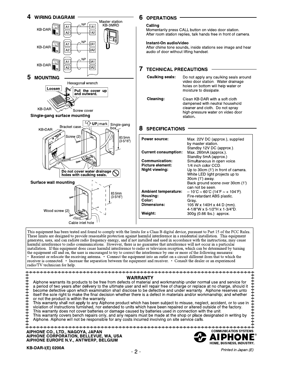 Aiphone | Aiphone KB-DAR User Manual | Page 2 / 2