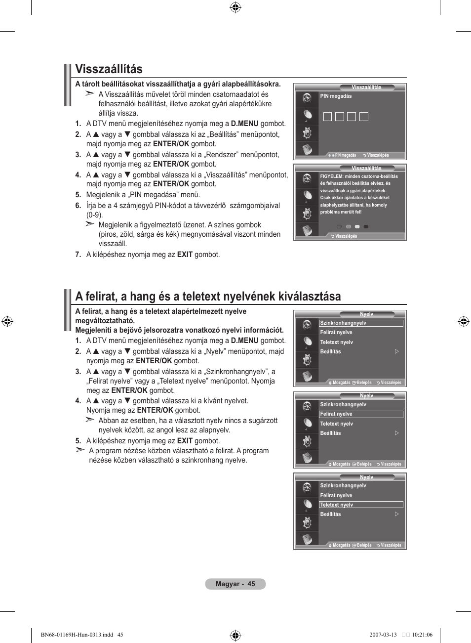 Visszaállítás | Samsung LE26R87BD User Manual | Page 104 / 507