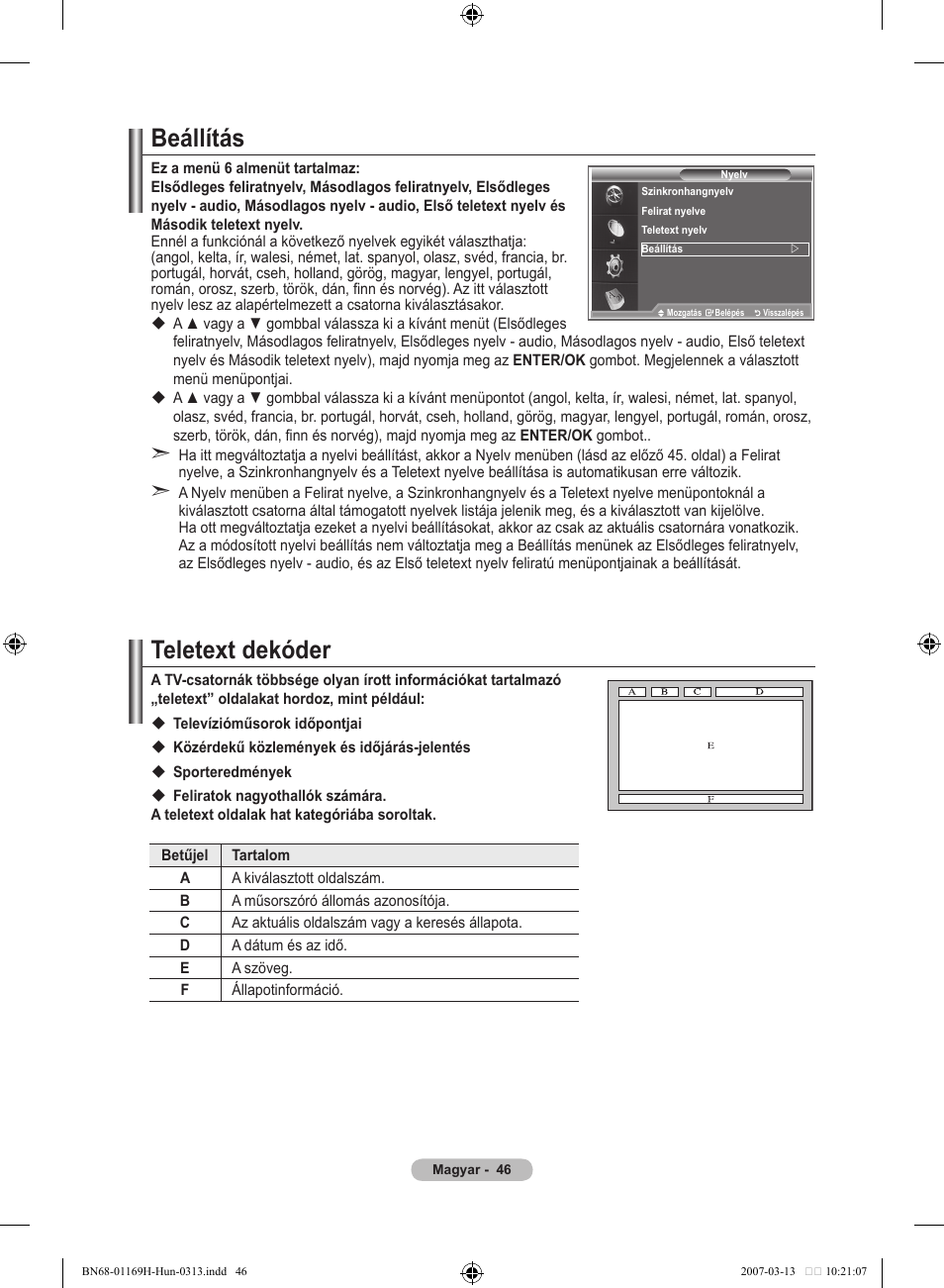 Beállítás, Teletext dekóder | Samsung LE26R87BD User Manual | Page 105 / 507