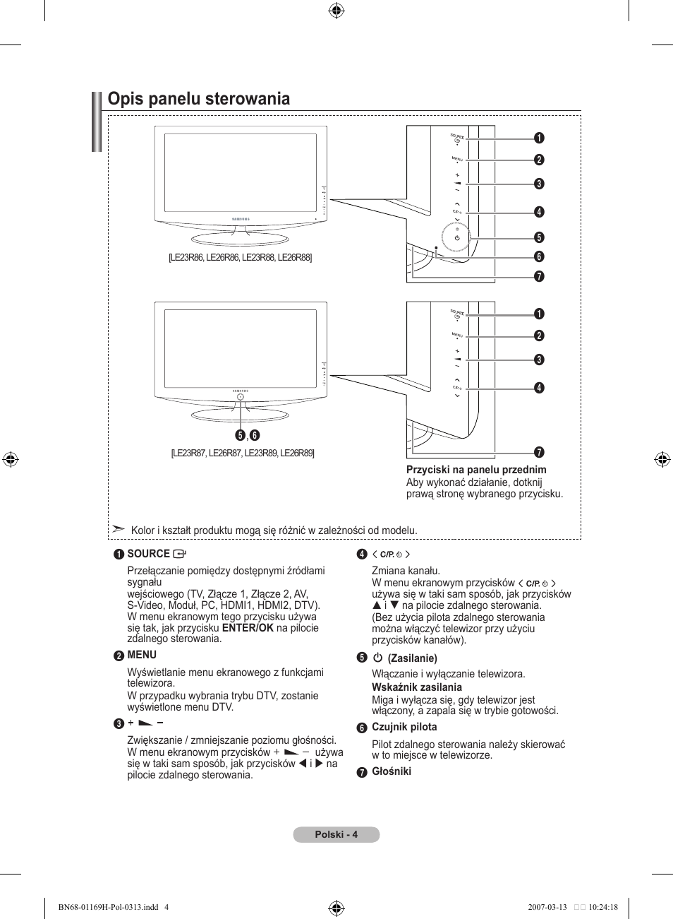 Opis panelu sterowania | Samsung LE26R87BD User Manual | Page 119 / 507