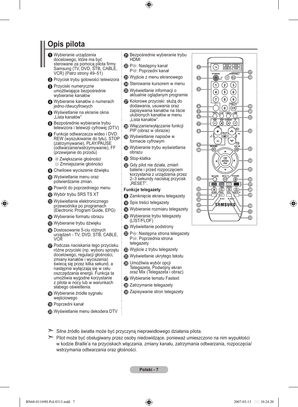 Opis pilota | Samsung LE26R87BD User Manual | Page 122 / 507