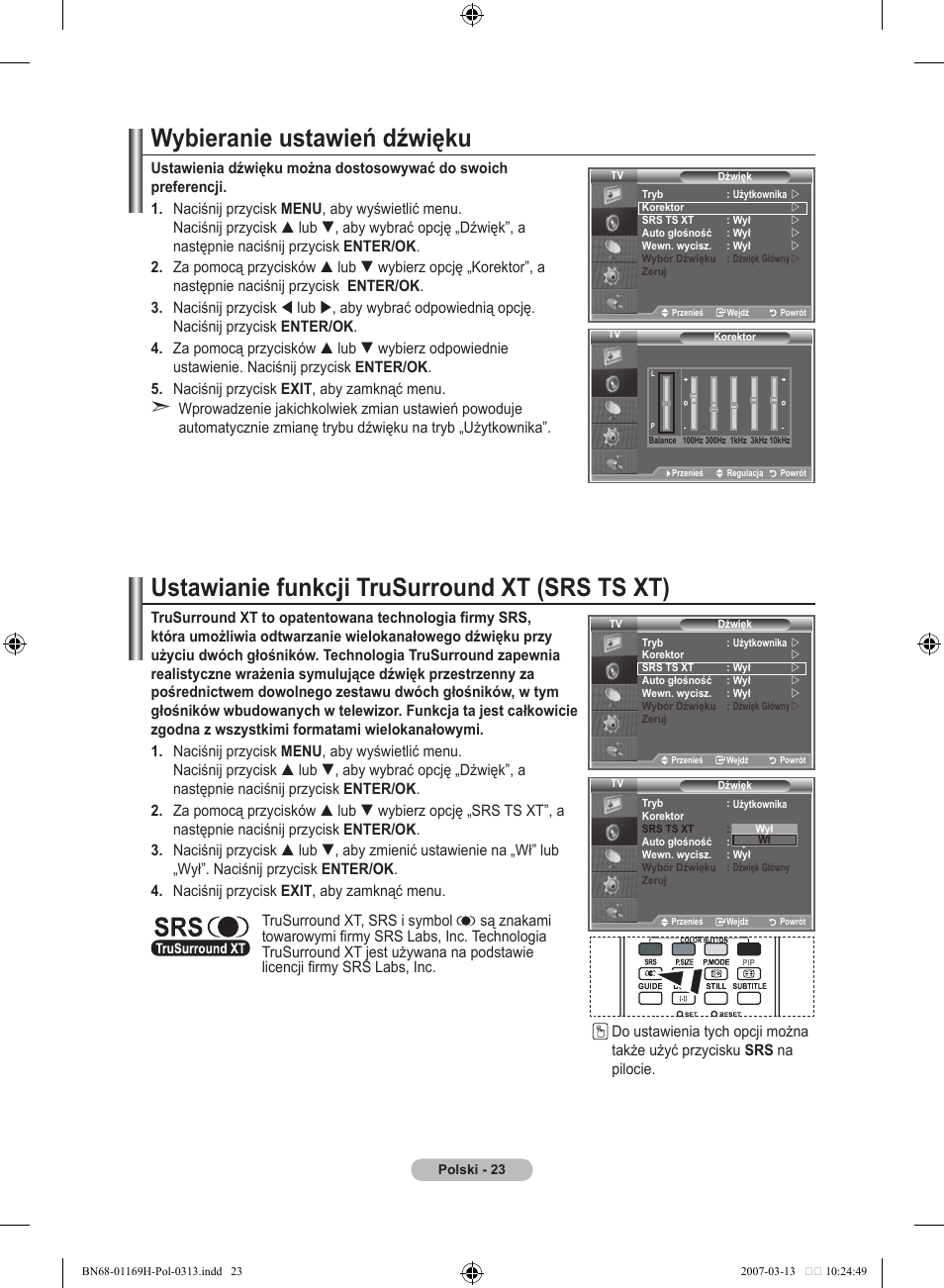 Wybieranie ustawień dźwięku, Ustawianie funkcji trusurround xt (srs ts xt) | Samsung LE26R87BD User Manual | Page 138 / 507