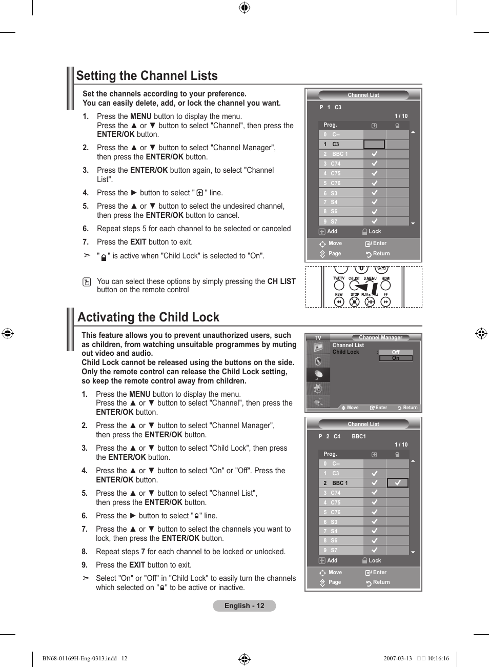 Setting the channel lists, Activating the child lock | Samsung LE26R87BD User Manual | Page 14 / 507