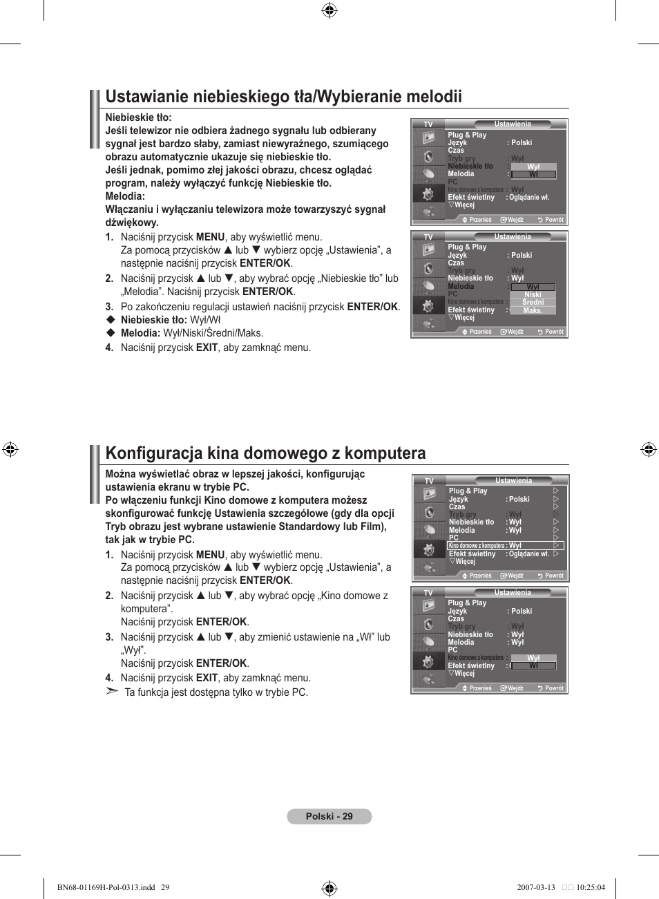 Ustawianie niebieskiego tła/wybieranie melodii, Konfiguracja kina domowego z komputera | Samsung LE26R87BD User Manual | Page 144 / 507