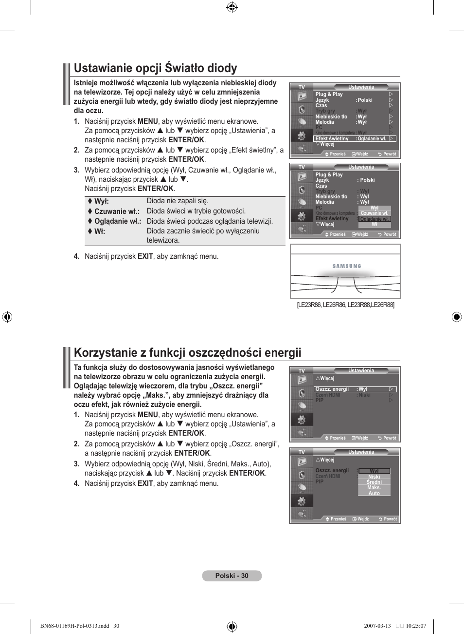Ustawianie opcji światło diody, Korzystanie z funkcji oszczędności energii | Samsung LE26R87BD User Manual | Page 145 / 507