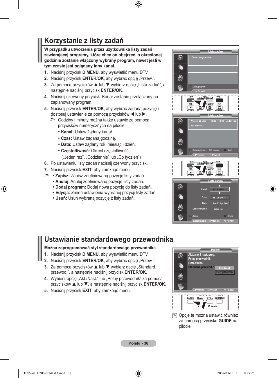 Korzystanie z listy zadań, Ustawianie standardowego przewodnika | Samsung LE26R87BD User Manual | Page 153 / 507