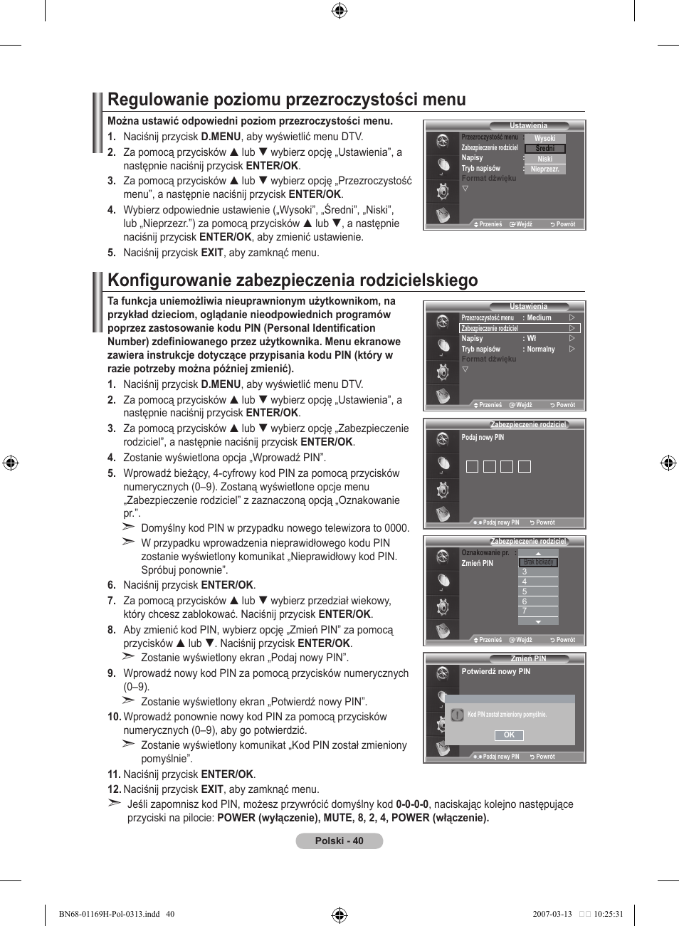 Regulowanie poziomu przezroczystości menu, Konfigurowanie zabezpieczenia rodzicielskiego | Samsung LE26R87BD User Manual | Page 155 / 507