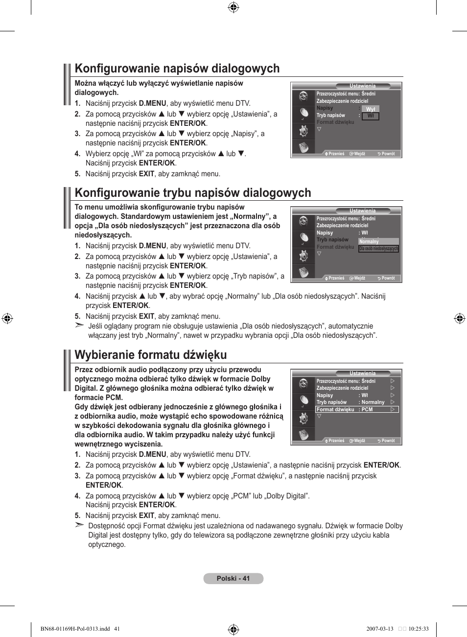 Konfigurowanie napisów dialogowych, Konfigurowanie trybu napisów dialogowych, Wybieranie formatu dźwięku | Samsung LE26R87BD User Manual | Page 156 / 507