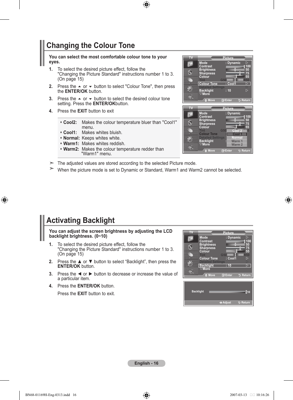 Changing the colour tone, Activating backlight | Samsung LE26R87BD User Manual | Page 18 / 507