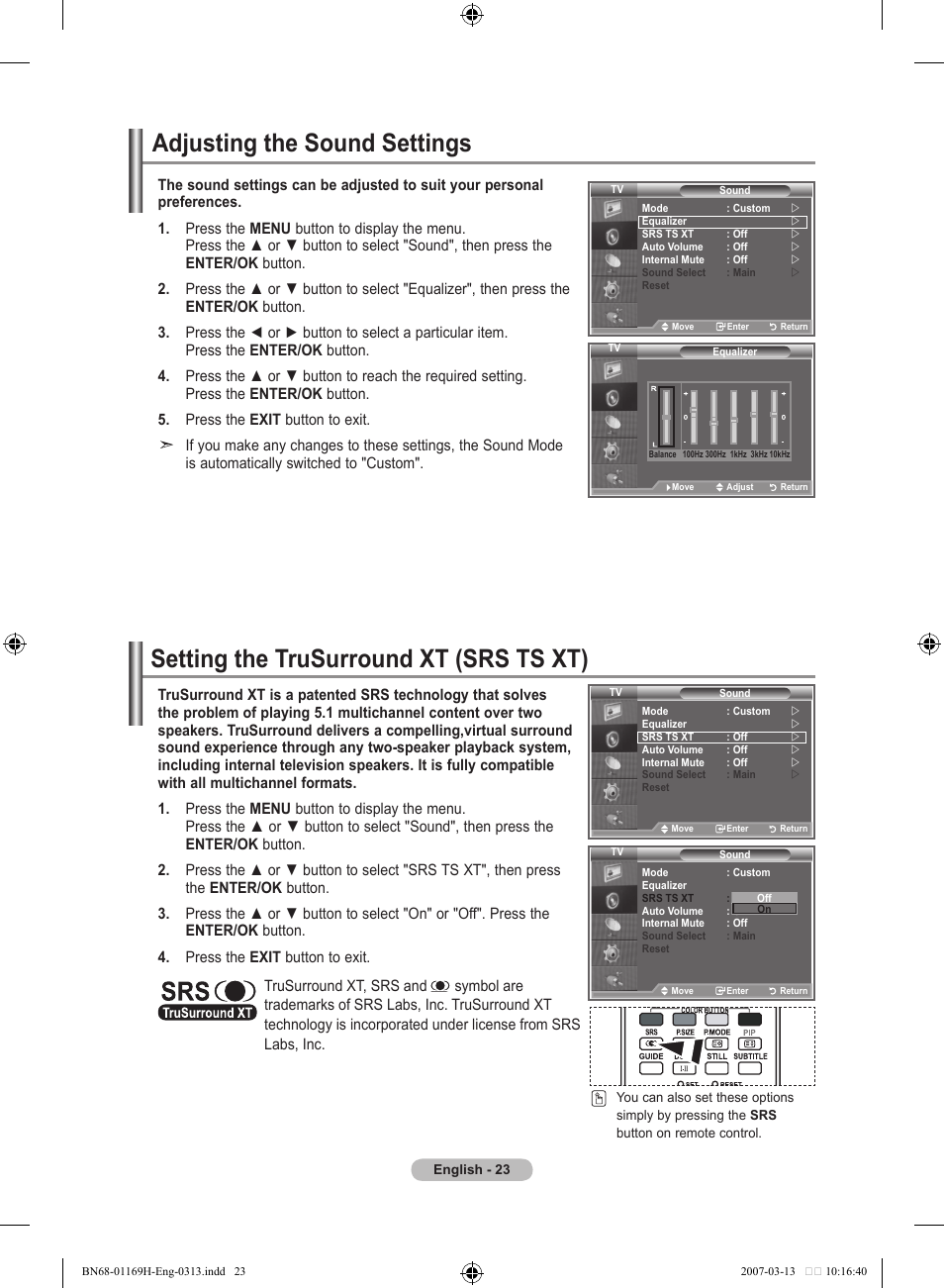Adjusting the sound settings, Setting the trusurround xt (srs ts xt) | Samsung LE26R87BD User Manual | Page 25 / 507