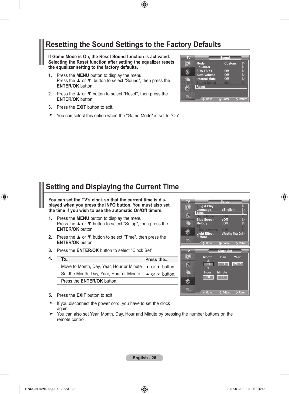Setting the time, Setting and displaying the current time | Samsung LE26R87BD User Manual | Page 28 / 507