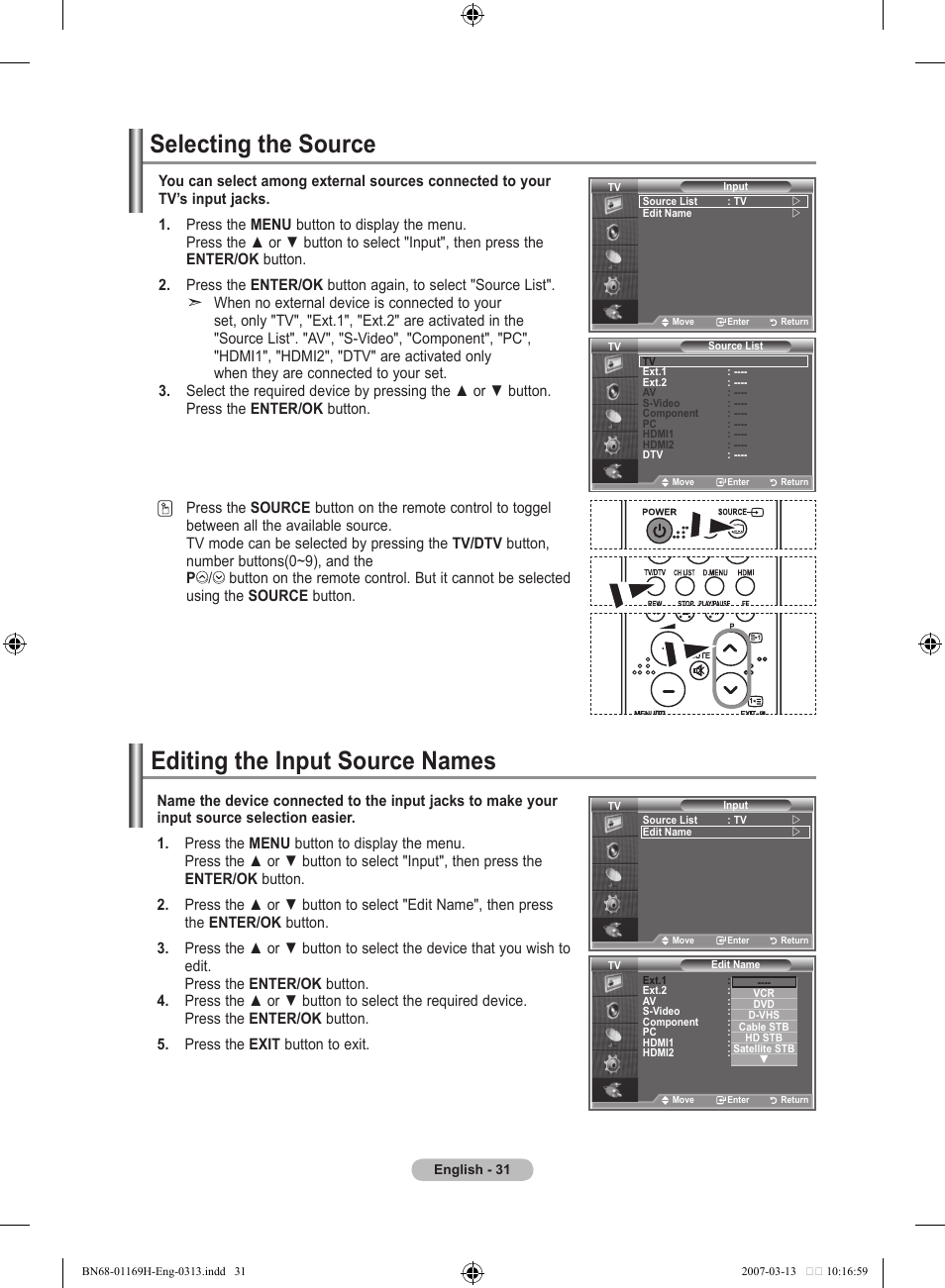 Selecting the source, Editing the input source names | Samsung LE26R87BD User Manual | Page 33 / 507