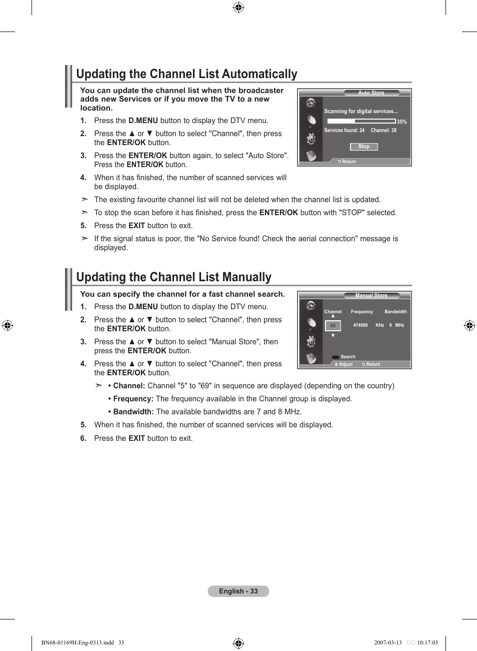 Updating the channel list automatically, Updating the channel list manually | Samsung LE26R87BD User Manual | Page 35 / 507