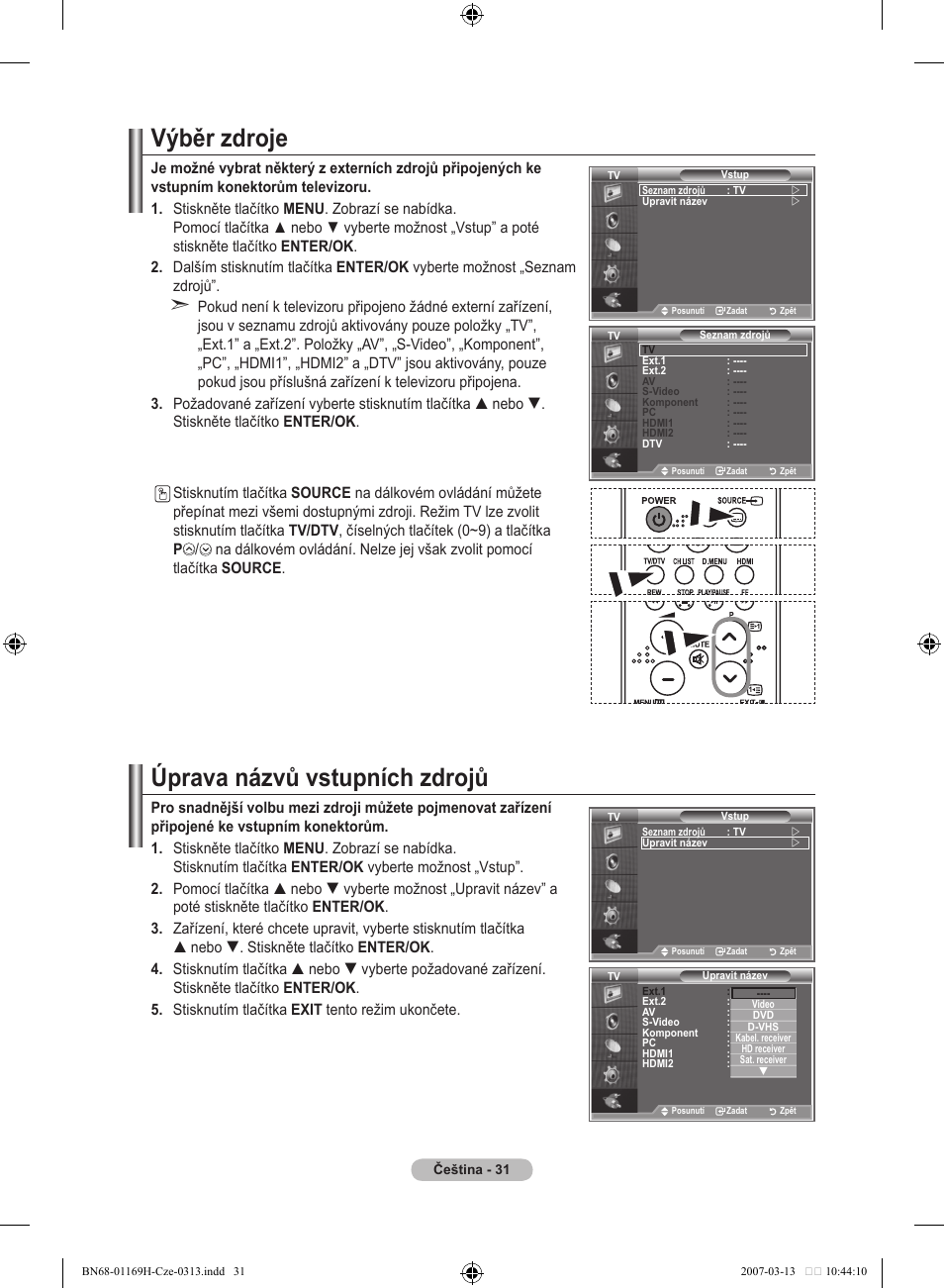 Výběr zdroje, Úprava názvů vstupních zdrojů | Samsung LE26R87BD User Manual | Page 370 / 507