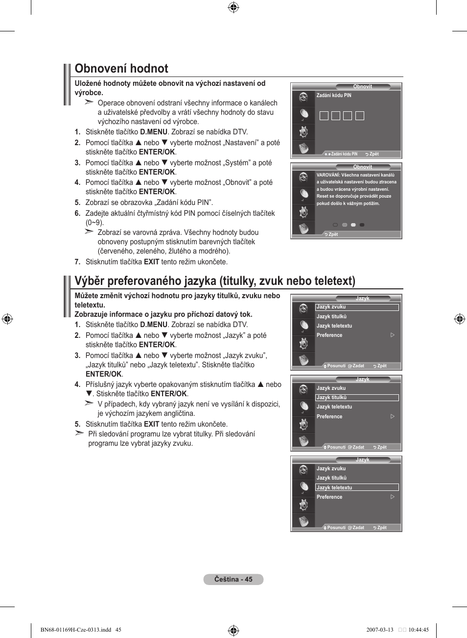 Obnovení hodnot | Samsung LE26R87BD User Manual | Page 384 / 507