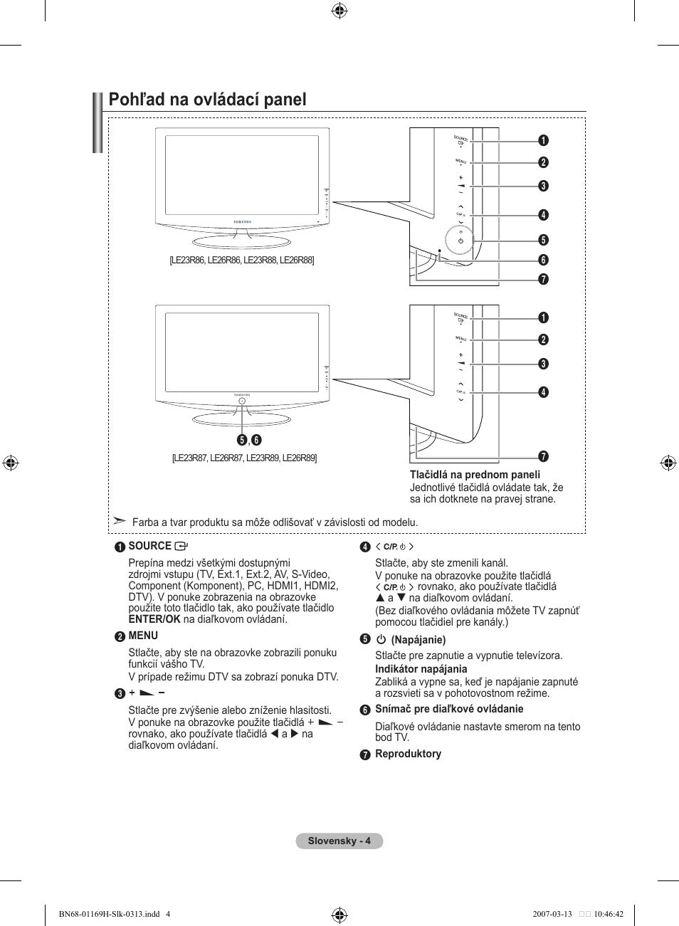 Pohľad na ovládací panel | Samsung LE26R87BD User Manual | Page 399 / 507