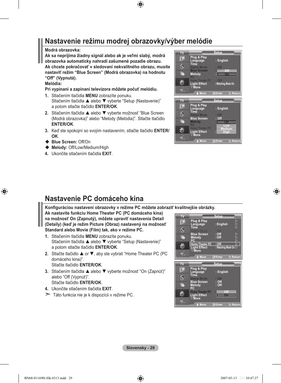 Nastavenie režimu modrej obrazovky/výber melódie, Nastavenie pc domáceho kina | Samsung LE26R87BD User Manual | Page 424 / 507