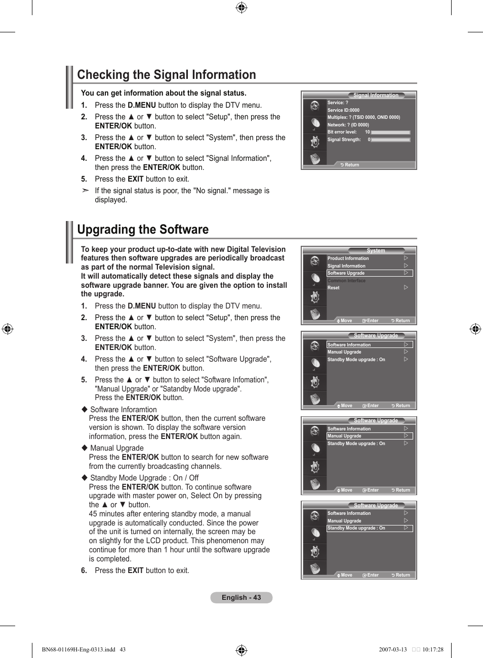 Checking the signal information, Upgrading the software | Samsung LE26R87BD User Manual | Page 45 / 507