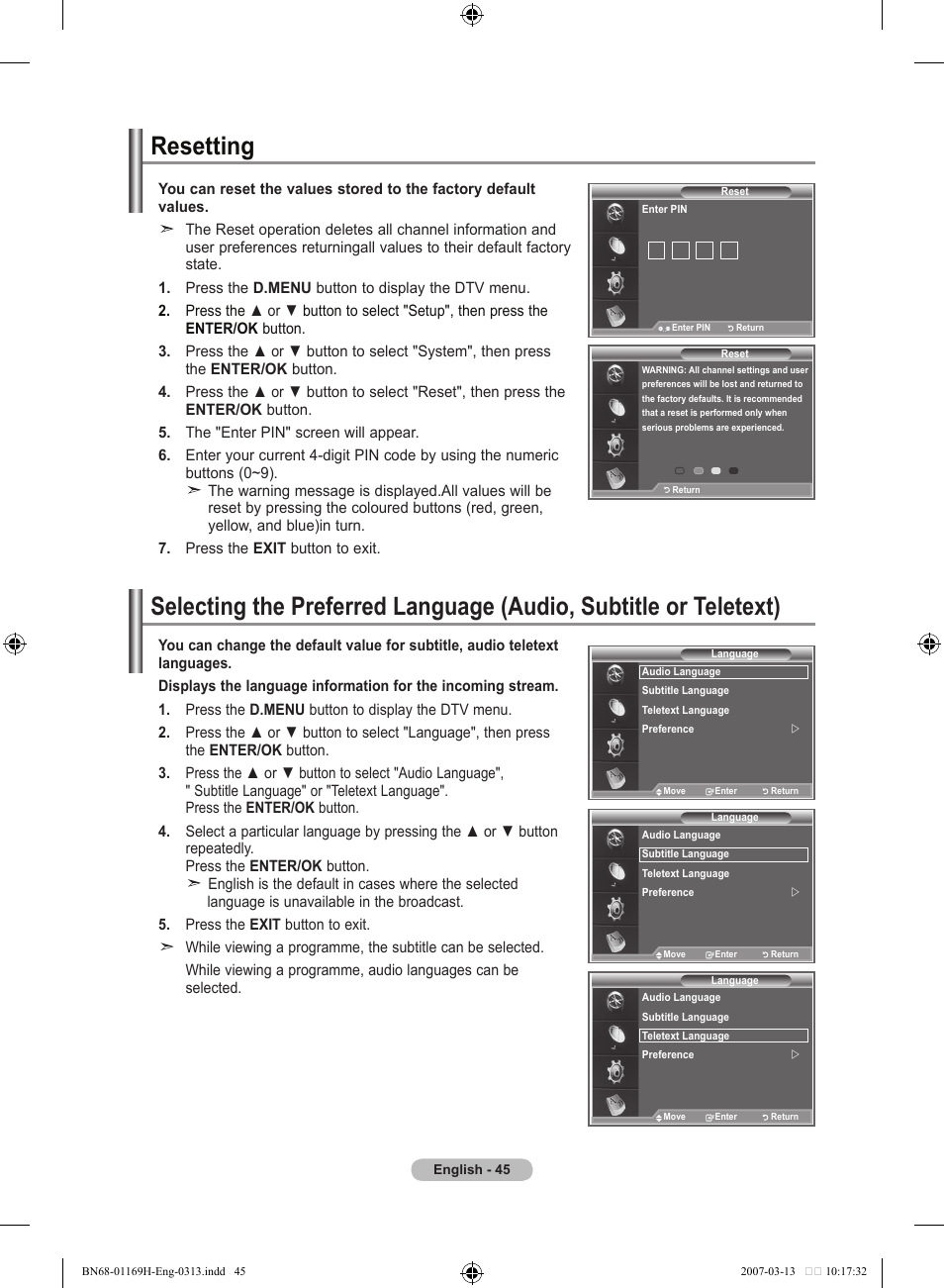 Resetting | Samsung LE26R87BD User Manual | Page 47 / 507