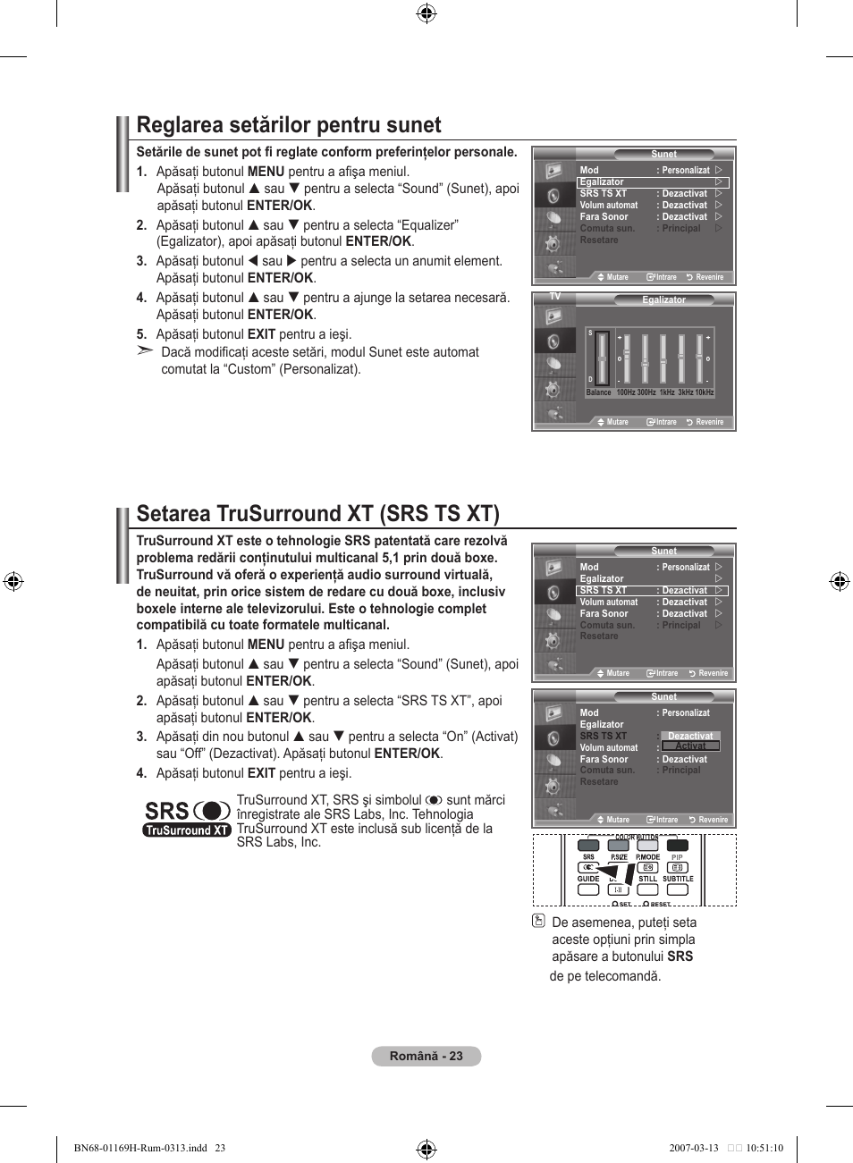 Reglarea setărilor pentru sunet, Setarea trusurround xt (srs ts xt) | Samsung LE26R87BD User Manual | Page 474 / 507