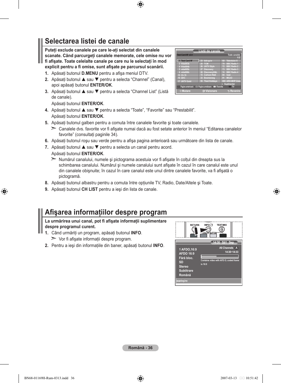 Selectarea listei de canale, Afişarea informaţiilor despre program | Samsung LE26R87BD User Manual | Page 487 / 507