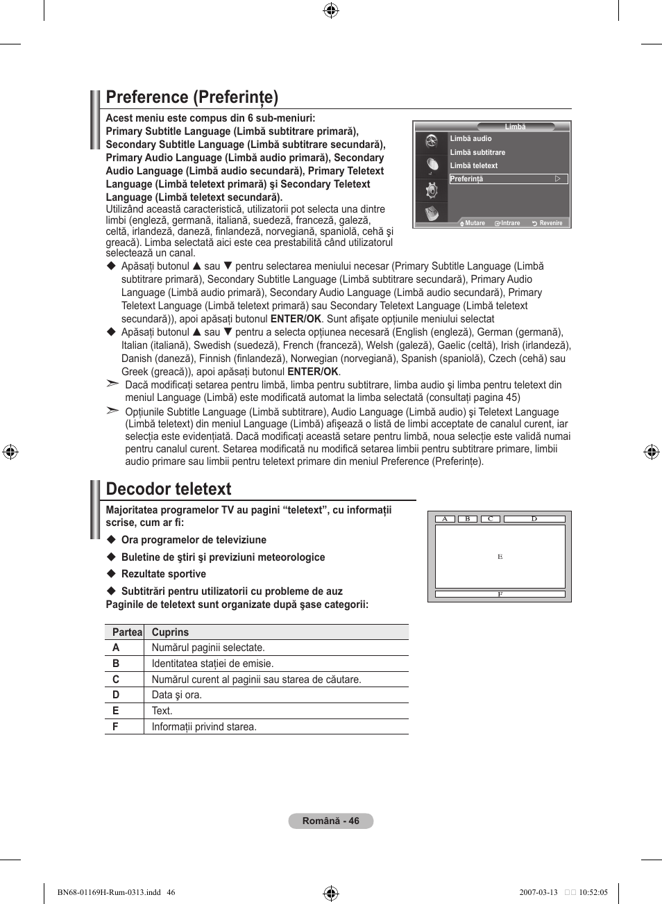 Preference (preferinţe), Decodor teletext | Samsung LE26R87BD User Manual | Page 497 / 507