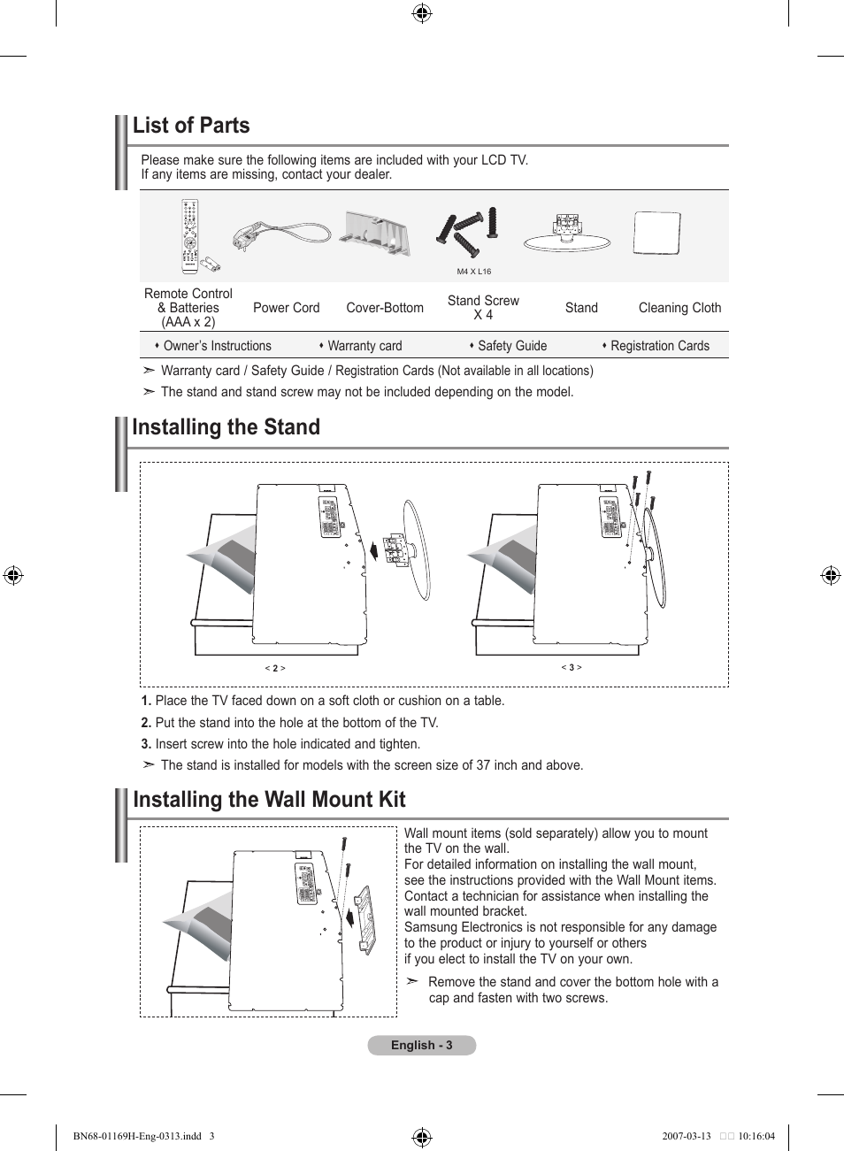 Connecting and preparing your tv, List of parts, Installing the stand | Installing the wall mount kit | Samsung LE26R87BD User Manual | Page 5 / 507