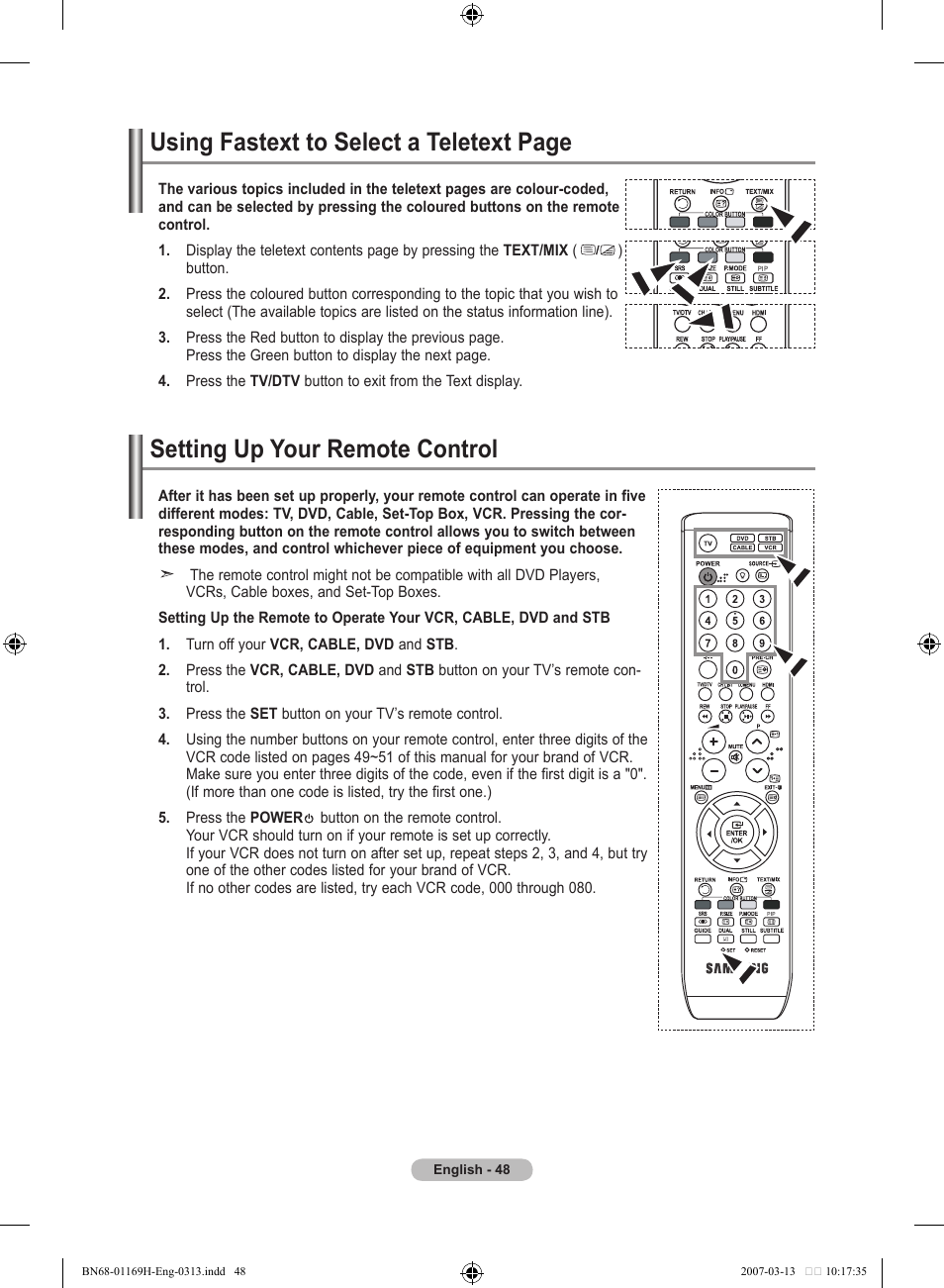 Setting up your remote control, Using fastext to select a teletext page | Samsung LE26R87BD User Manual | Page 50 / 507