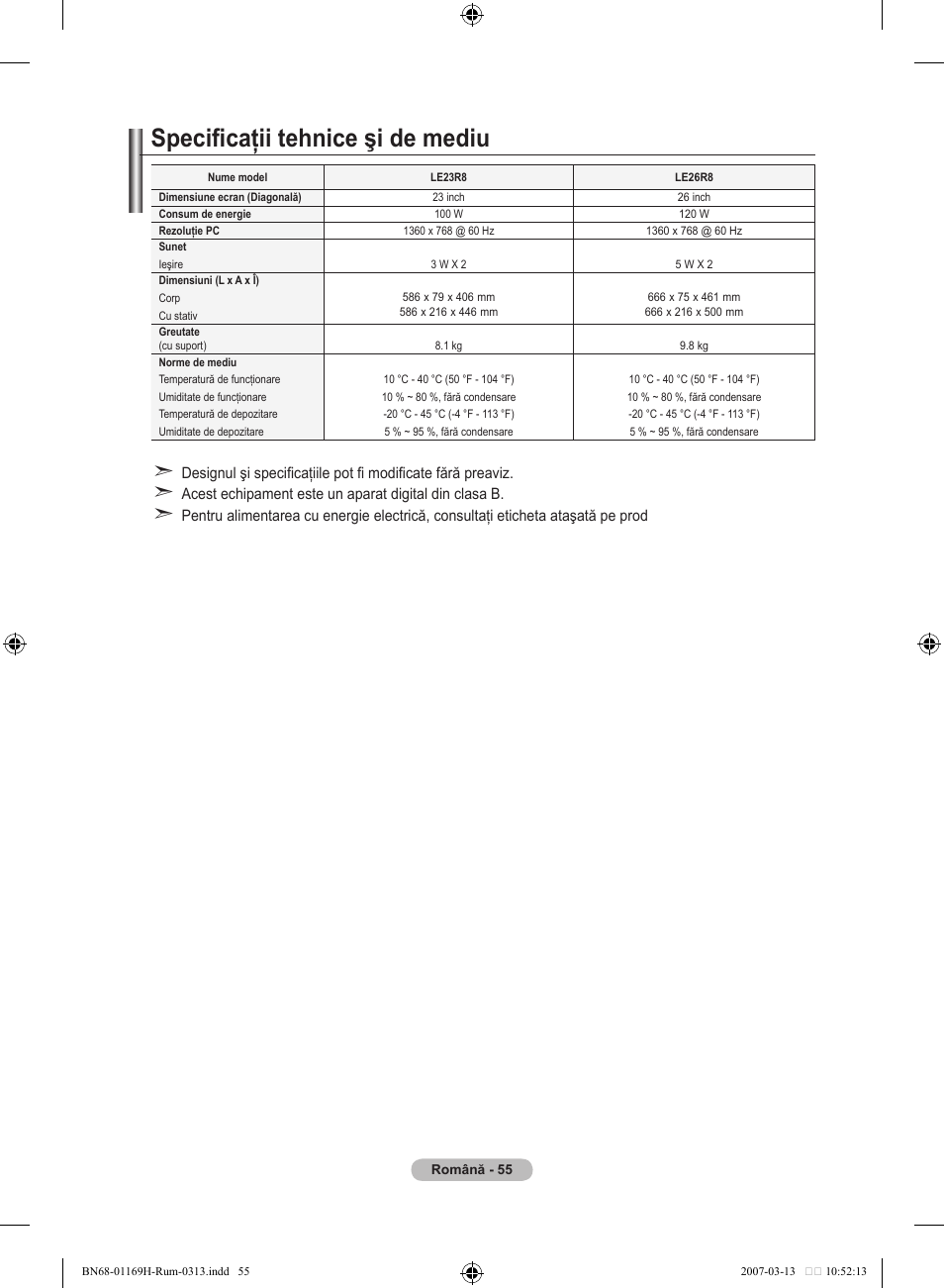 Specificaţii tehnice şi de mediu | Samsung LE26R87BD User Manual | Page 506 / 507