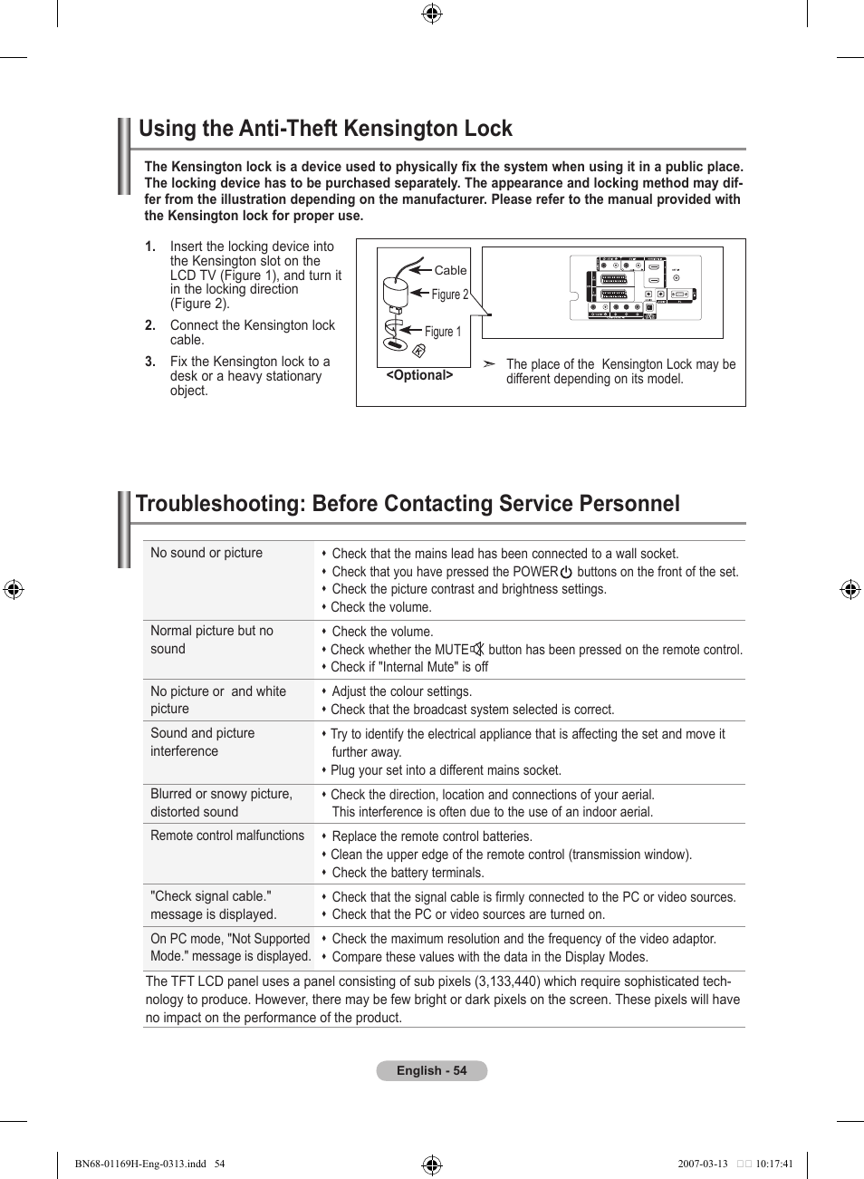 Recommendations for use, Using the anti-theft kensington lock | Samsung LE26R87BD User Manual | Page 56 / 507