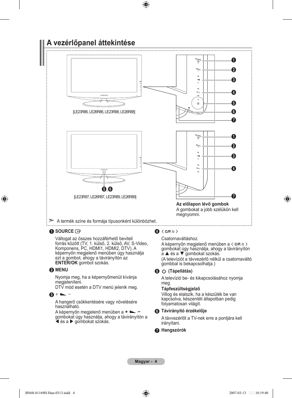 A vezérlőpanel áttekintése | Samsung LE26R87BD User Manual | Page 63 / 507