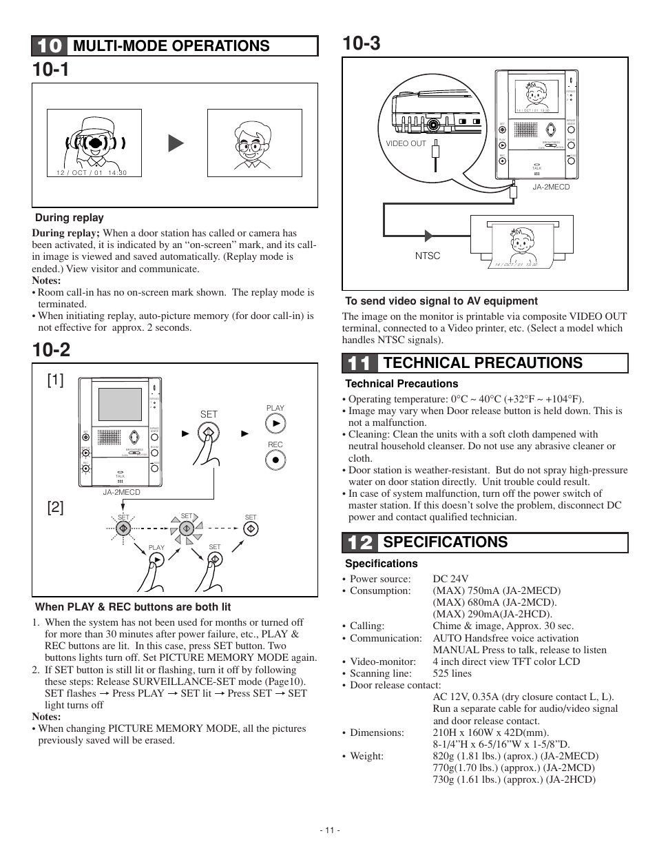 Multi-mode operations, Technical precautions, Specifications | Aiphone Ja-2hcd User Manual | Page 11 / 12