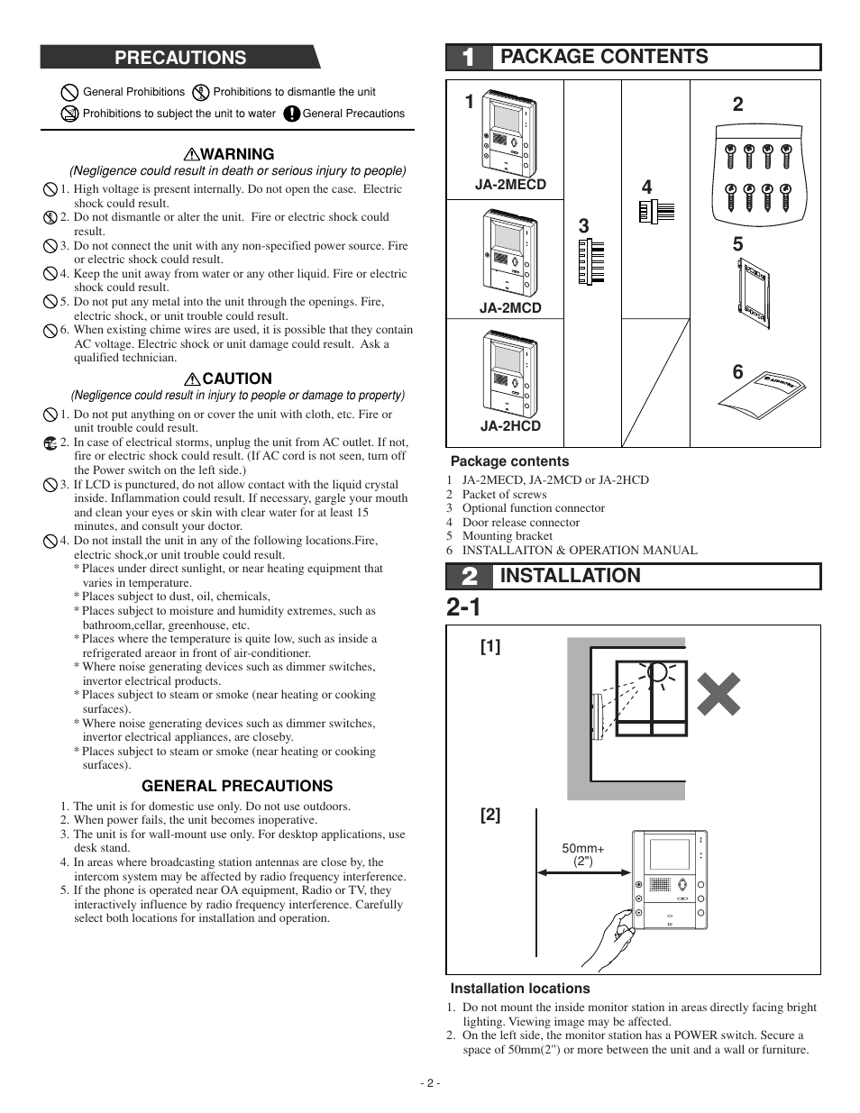 Package contents, Installation, Precautions | Aiphone Ja-2hcd User Manual | Page 2 / 12