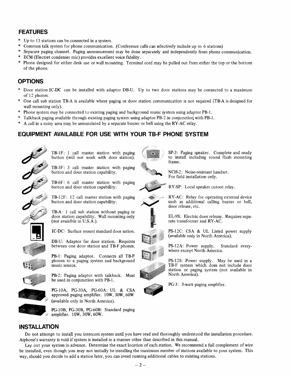Features, Options, Installation | Aiphone TB-3F User Manual | Page 2 / 8