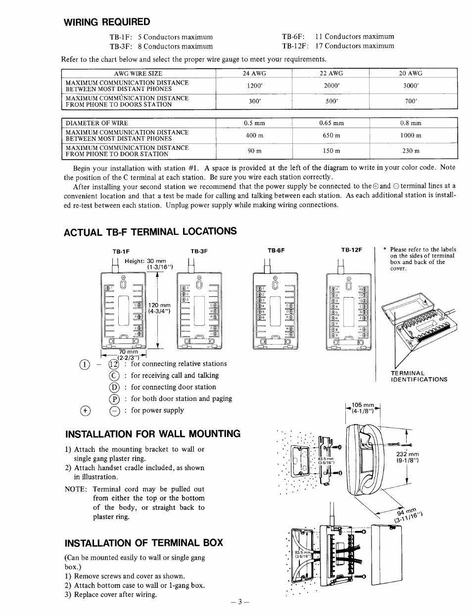 Wiring required, Actual tb-f terminal locations, Installation for wall mounting | Installation of terminal box | Aiphone TB-3F User Manual | Page 3 / 8