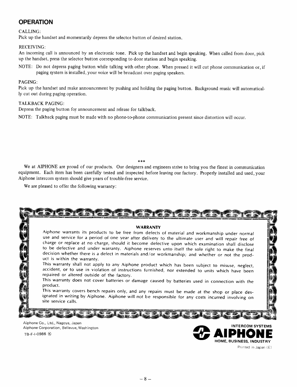 Operation, Aiphone | Aiphone TB-3F User Manual | Page 8 / 8
