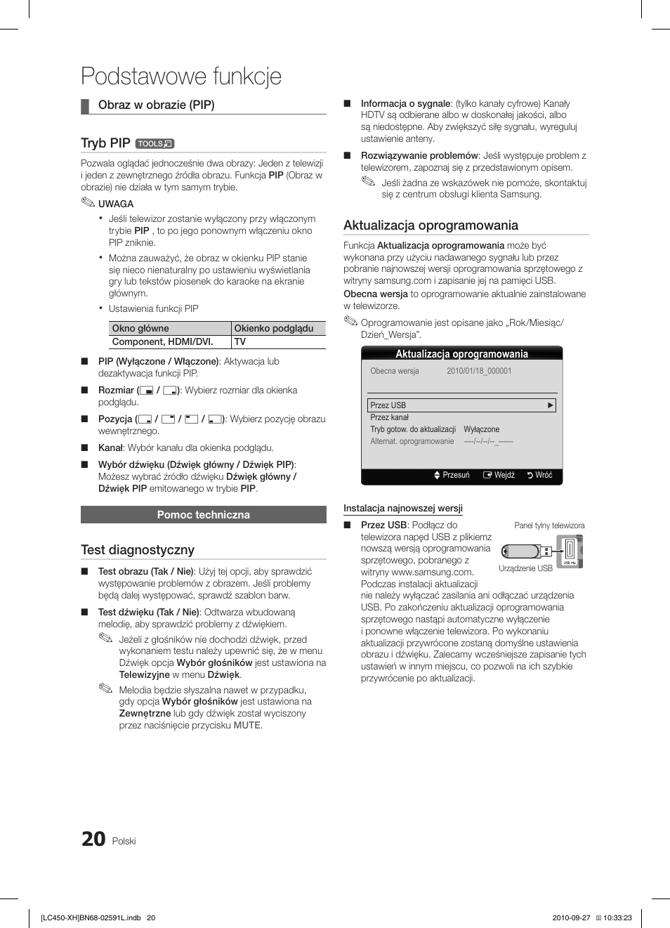 Podstawowe funkcje, Tryb pip, Test diagnostyczny | Aktualizacja oprogramowania | Samsung LE22C450E1W User Manual | Page 100 / 401