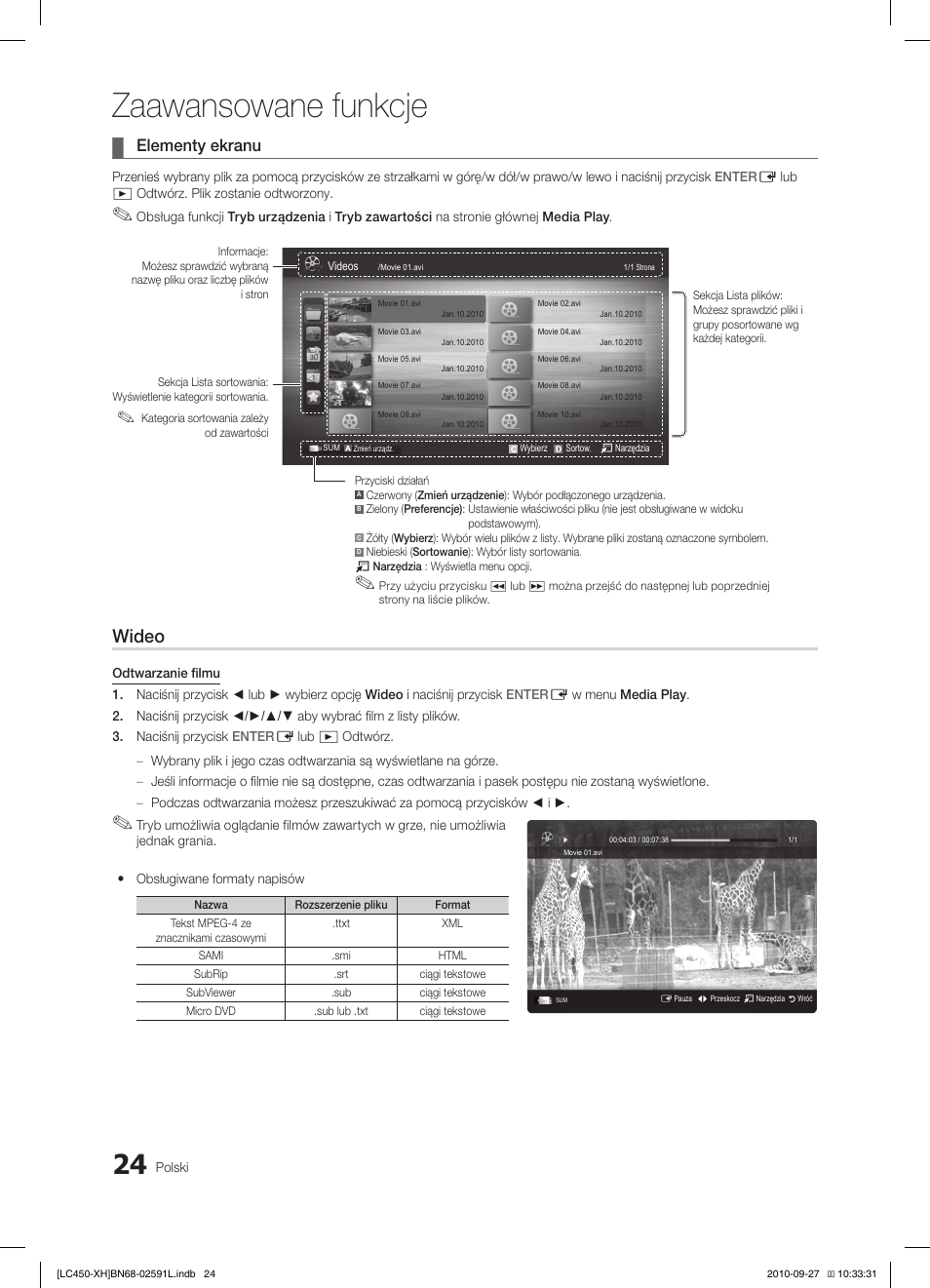 Zaawansowane funkcje, Wideo, Elementy ekranu | Samsung LE22C450E1W User Manual | Page 104 / 401