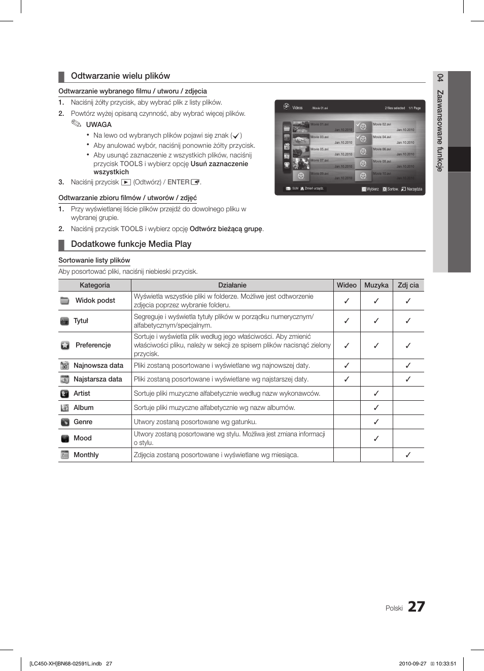 Odtwarzanie wielu plików, Dodatkowe funkcje media play | Samsung LE22C450E1W User Manual | Page 107 / 401